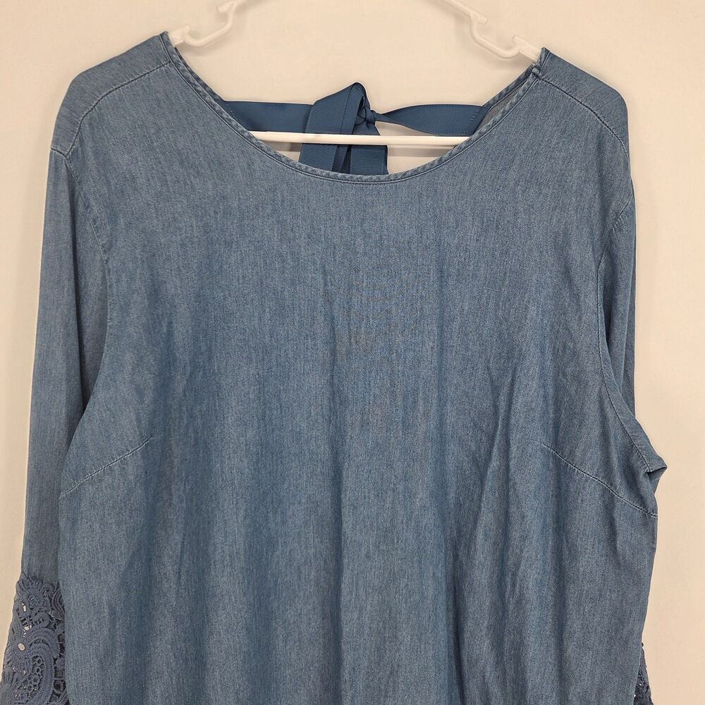 Womens Lg Blue Denim Crochet Lace Bell Sleeve Back Tie Blouse Western Fall Boho - Picture 2 of 9